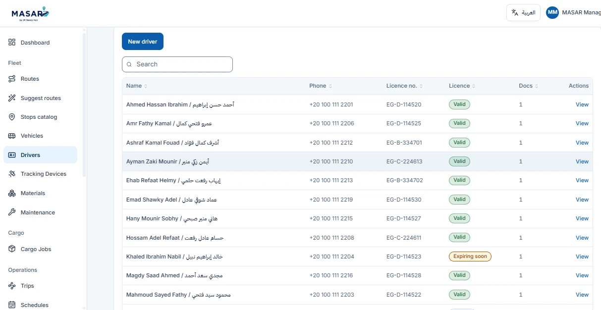 MASAR Drivers Directory and License Tracking